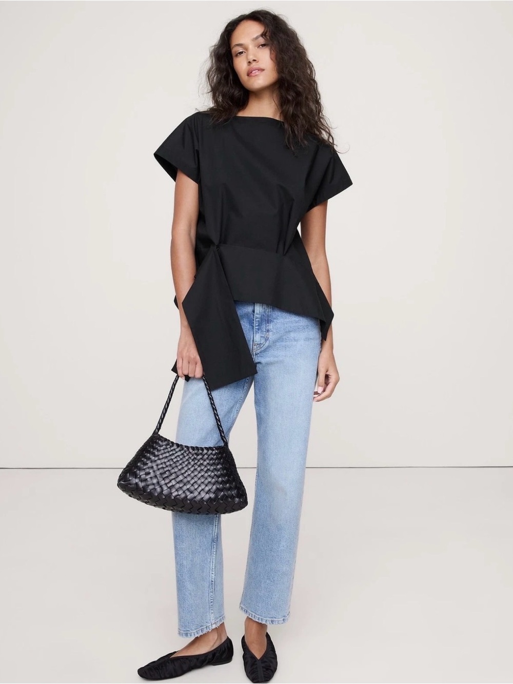 NWT Banana Republic Cotton Poplin Boatneck Asymmetrical Black Top Sz XXL